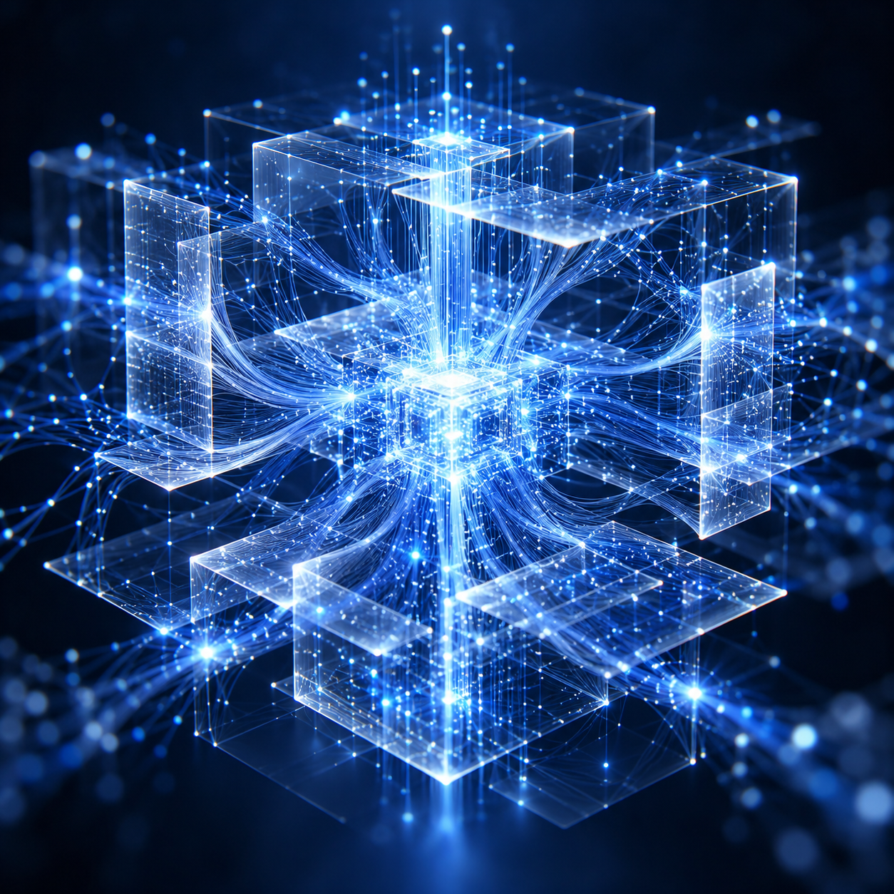Conceptual AI neural network with luminous blue connections and translucent computational layers