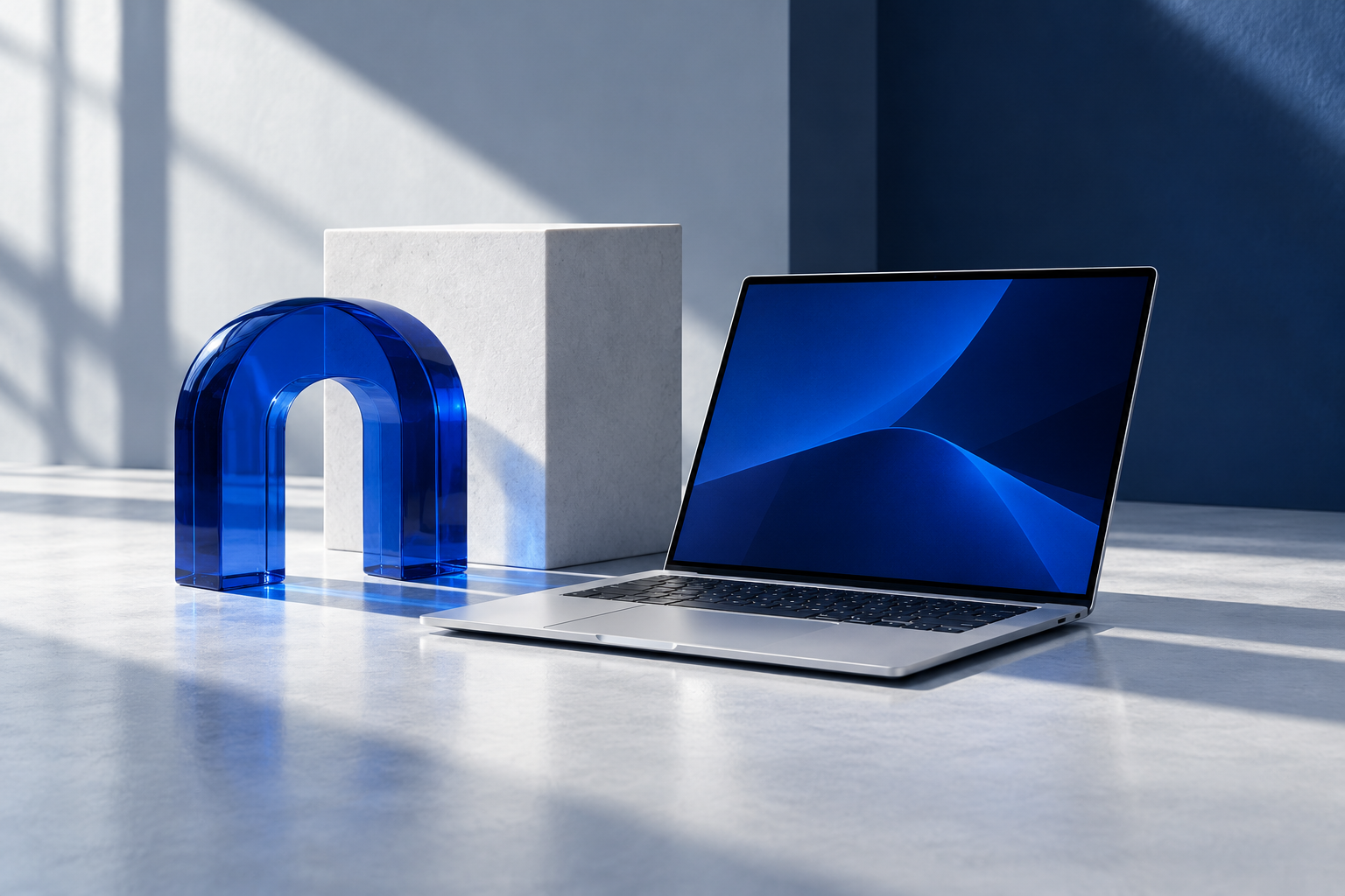 Illustrative laptop with cobalt glass architecture